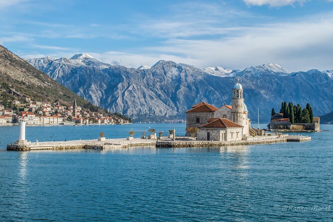 Blue Cave 3 hours GROUP tour with modern speedboat - Our Lady of the Rocks and the view toward Perast